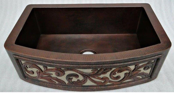 42” Single Bowl Hammered 100 Copper Farmhouse Sink Curved Front W Vi