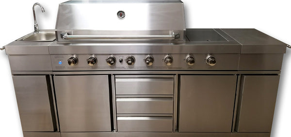 3 in 1 Stainless Steel Outdoor BBQ Kitchen Island Grill Propane LPG w/  Sink, Side Burner, LED Lights, and Canvas Cover