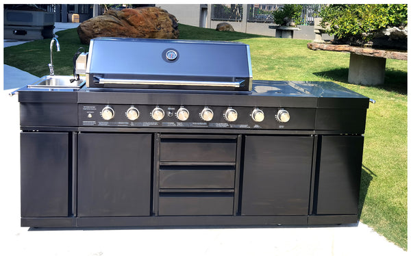 3 in 1 Stainless Steel Outdoor BBQ Kitchen Island Grill Propane LPG w/  Sink, Side Burner, LED Lights, and Canvas Cover